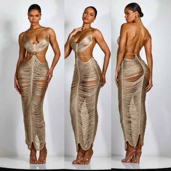 Sunfere Dresses & Skirts - Sexy Plunge Neck Fringe Maxi Dress - small